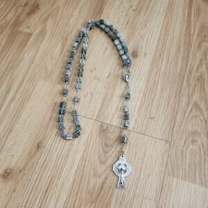 Nephrite Jade Cube Rosary Necklace Celtic Crucifix ERIN Marian 59 Beads 24.75in